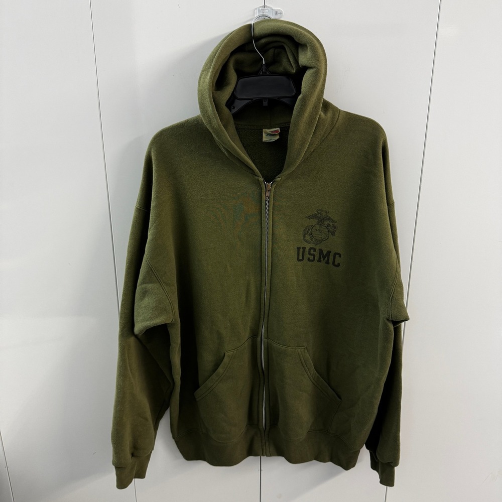 Soffe USMC Hoodie Mens XL Olive Green Full Zip Marine Corps EGA Sweatshirt